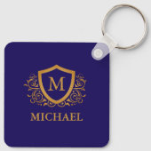 Navy Blue en Gold Personalized Monogram Name Sleutelhanger (Achterkant)
