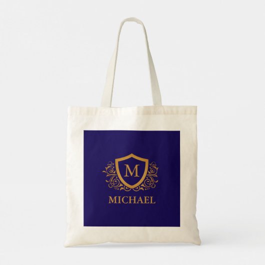 Navy Blue en Gold Personalized Monogram Name Tote Bag (Achterkant)