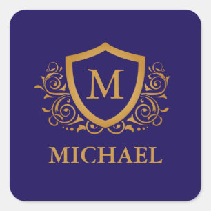 Navy Blue en Gold Personalized Monogram Name Vierkante Sticker