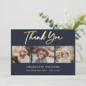Navy Blue en Gold Photo Collage Afstuderen Bedankkaart (Staand voorkant)