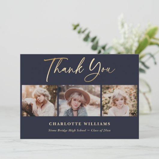 Navy Blue en Gold Photo Collage Afstuderen Bedankkaart (Staand voorkant)