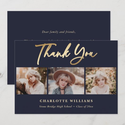 Navy Blue en Gold Photo Collage Afstuderen Bedankkaart (Voorkant / Achterkant)