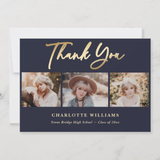 Navy Blue en Gold Photo Collage Afstuderen Bedankkaart