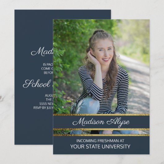 Navy Blue en Gold Photo Trunk Party Kaart (Voorkant / Achterkant)