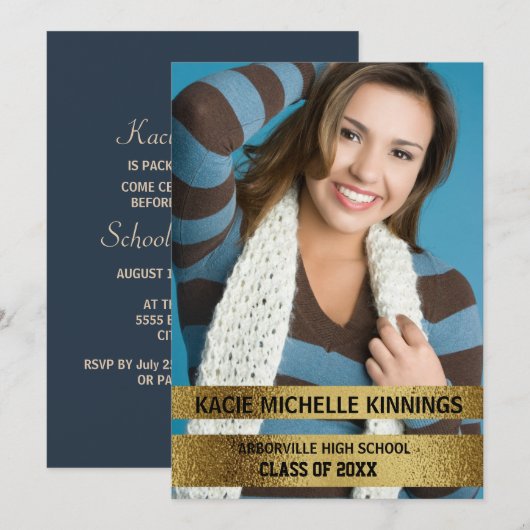 Navy Blue en Gold Photo Trunk Party Kaart (Voorkant / Achterkant)