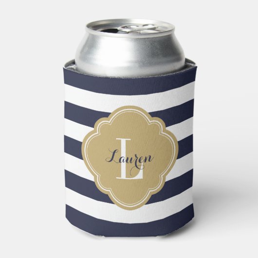Navy Blue en Gold Preppy Stripes Monogram Blikjeskoeler (Blikje Voorkant)