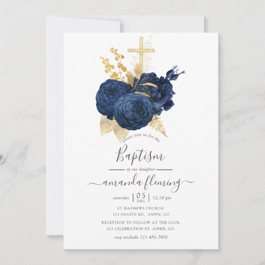 Navy Blue en Gold  Roos Baptisme Kaart (Voorkant)