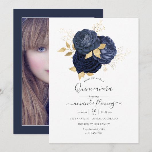 Navy Blue en Gold  Roos Quinceañera Foto Kaart (Voorkant / Achterkant)