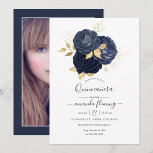 Navy Blue en Gold  Roos Quinceañera Foto Kaart