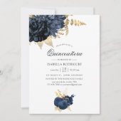 Navy Blue en Gold  Roos Quinceañera Kaart (Voorkant)