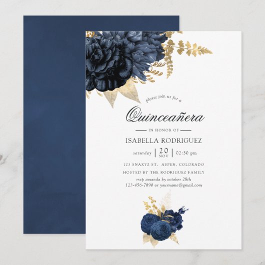 Navy Blue en Gold  Roos Quinceañera Kaart (Voorkant / Achterkant)