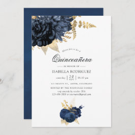 Navy Blue en Gold  Roos Quinceañera Kaart