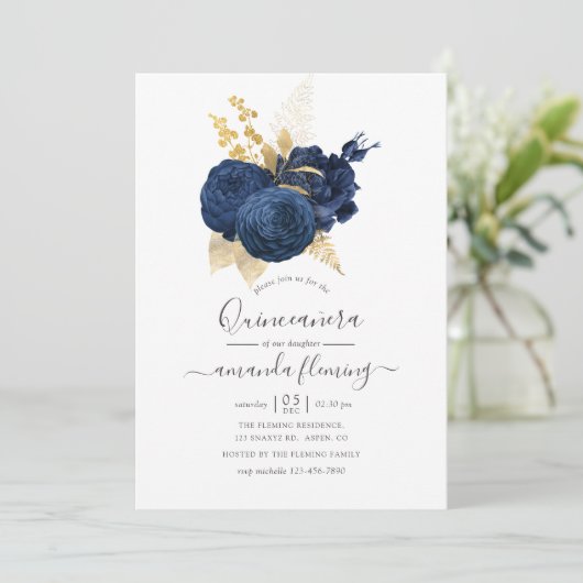Navy Blue en Gold  Roos Quinceañera Kaart (Staand voorkant)