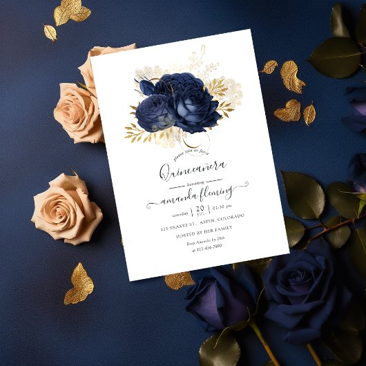 Navy Blue en Gold  Roos Quinceañera Kaart