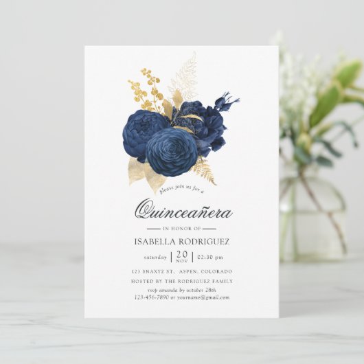 Navy Blue en Gold  Roos Quinceañera Kaart (Staand voorkant)