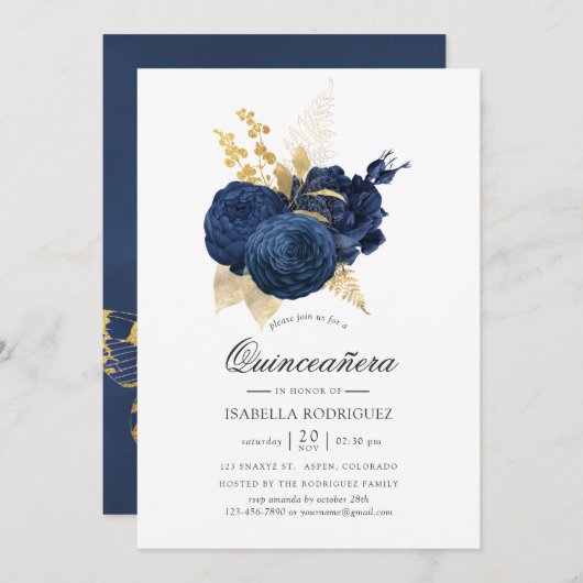 Navy Blue en Gold  Roos Quinceañera Kaart (Voorkant / Achterkant)