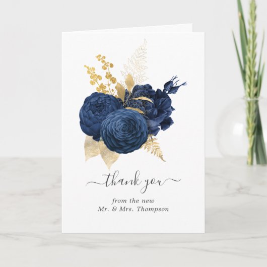 Navy Blue en Gold  Roos Wedding Foto Bedankkaart (Voorkant)