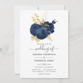 Navy Blue en Gold Roos Wedding Kaart (Voorkant)