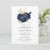 Navy Blue en Gold Roos Wedding Kaart (Staand voorkant)
