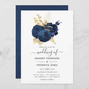 Navy Blue en Gold  Roos Wedding Kaart