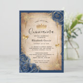 Navy Blue en Gold Royal Roos Elegant Quinceanera Kaart (Staand voorkant)