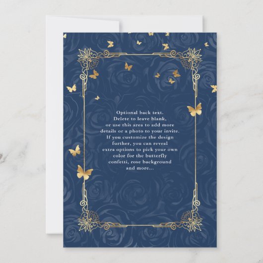 Navy Blue en Gold Royal Roos Elegant Quinceanera Kaart (Achterkant)