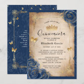 Navy Blue en Gold Royal Roos Elegant Quinceanera Kaart (Voorkant / Achterkant)
