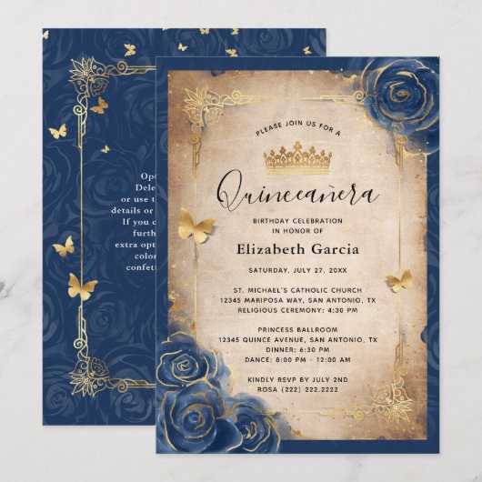 Navy Blue en Gold Royal Roos Elegant Quinceanera Kaart (Voorkant / Achterkant)
