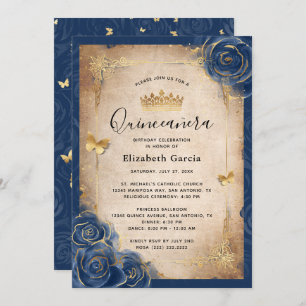 Navy Blue en Gold Royal Roos Elegant Quinceanera Kaart