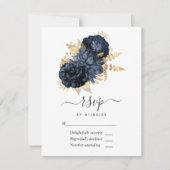 Navy Blue en Gold  Rozen RSVP Kaartje (Voorkant)