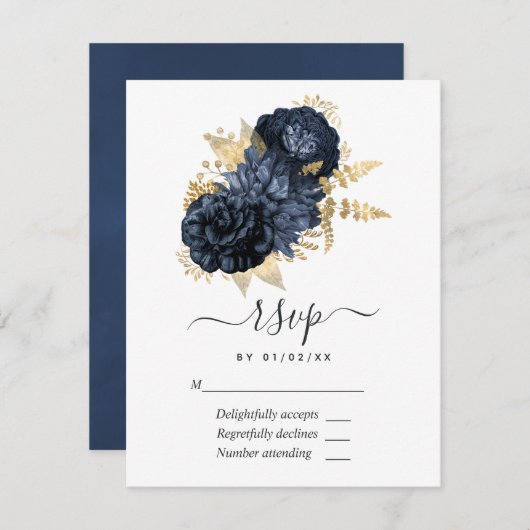 Navy Blue en Gold  Rozen RSVP Kaartje (Voorkant / Achterkant)