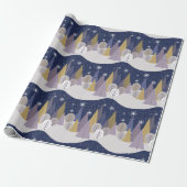Navy Blue en Gold Scandinavische kerstbomen Cadeaupapier (Uitgerold)