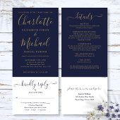 Navy Blue en Gold Script in één bruiloft Kaart
