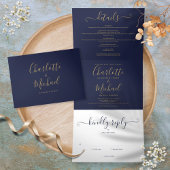 Navy Blue en Gold Script Monogram Weddenschap Drieluik Uitnodiging