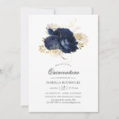 Navy Blue en Gold  Shabby Rozen Quinceañera Kaart (Voorkant)
