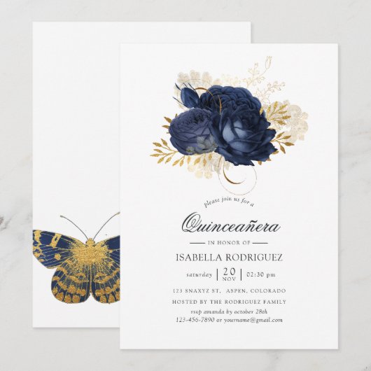Navy Blue en Gold  Shabby Rozen Quinceañera Kaart (Voorkant / Achterkant)
