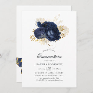 Navy Blue en Gold Shabby Rozen Quinceañera Kaart