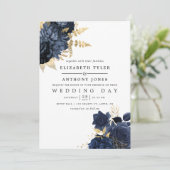 Navy Blue en Gold Shabby Rozen Wedding Kaart (Staand voorkant)