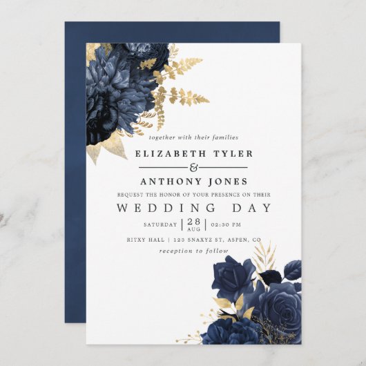 Navy Blue en Gold Shabby Rozen Wedding Kaart (Voorkant / Achterkant)
