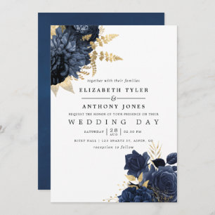 Navy Blue en Gold  Shabby Rozen Wedding Kaart