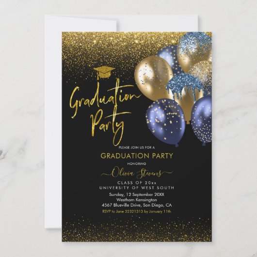 Navy Blue en Gold Sparking Graduparty Kaart (Voorkant)