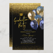 Navy Blue en Gold Sparking Graduparty Kaart (Voorkant / Achterkant)