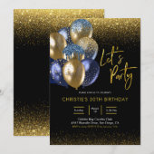 Navy Blue en Gold Sparking Let's Party Invitatio Kaart (Voorkant / Achterkant)