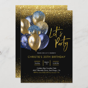 Navy Blue en Gold Sparking Let's Party Invitatio Kaart