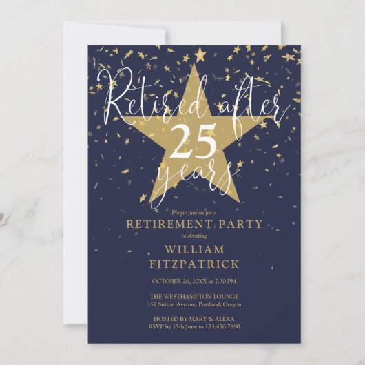 Navy Blue en Gold Stars Retirement Party Kaart (Voorkant)