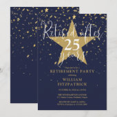 Navy Blue en Gold Stars Retirement Party Kaart (Voorkant / Achterkant)