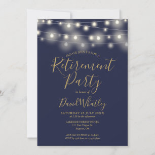 Navy Blue en Gold String Lights Retirement Party Kaart