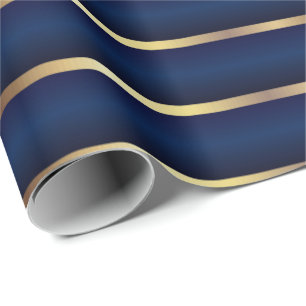 Navy Blue en Gold Stripes Cadeaupapier