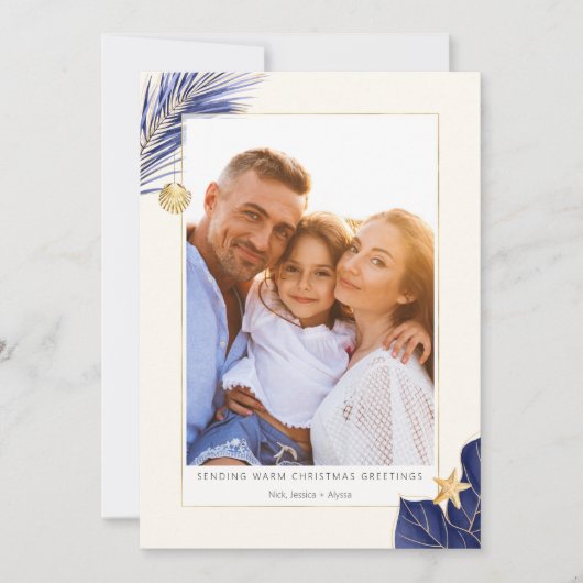 Navy Blue en Gold Tropical Greenery Foto Feestdagenkaart (Voorkant)