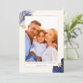 Navy Blue en Gold Tropical Greenery Foto Feestdagenkaart (Staand voorkant)